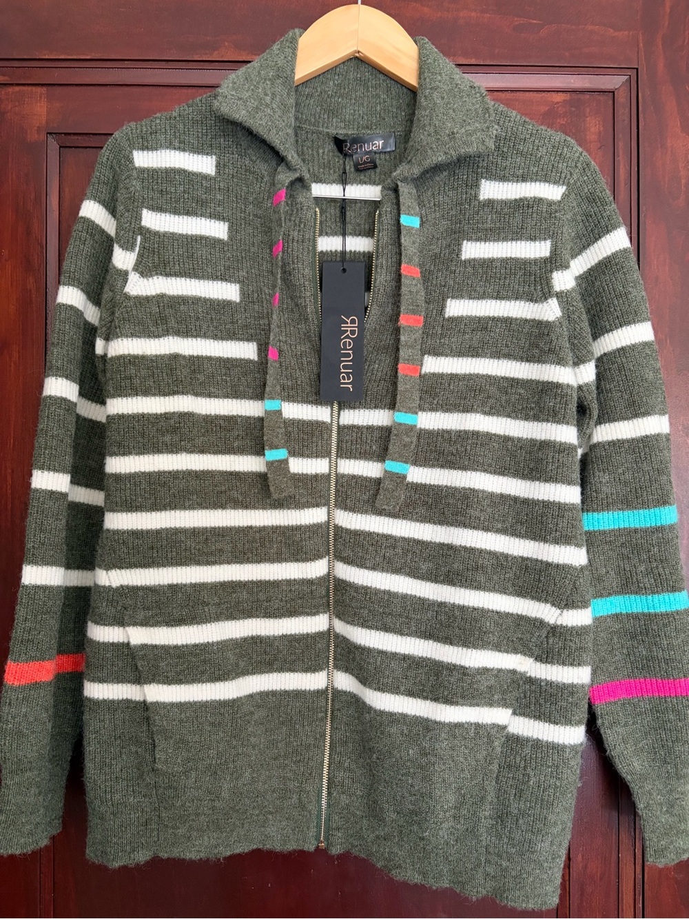 Renuar Olive & White Striped Zip Hoodie with Pink, Aqua and Coral Accents